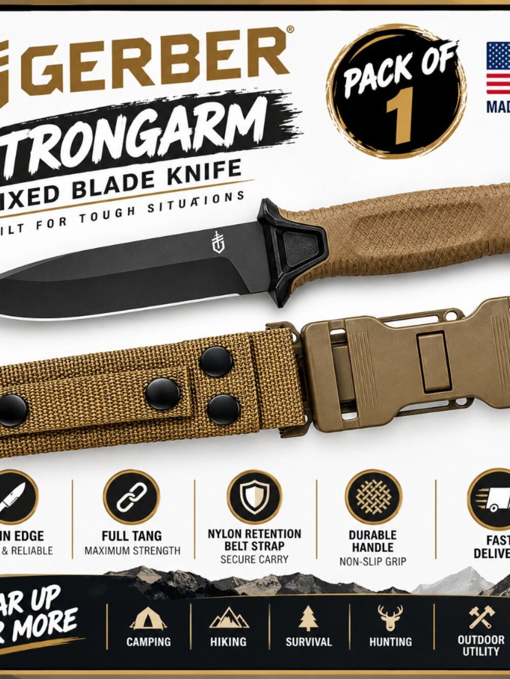 Gerber StrongArm - Fixed Blade, Full Tang Knife - Brown, Plain Edge